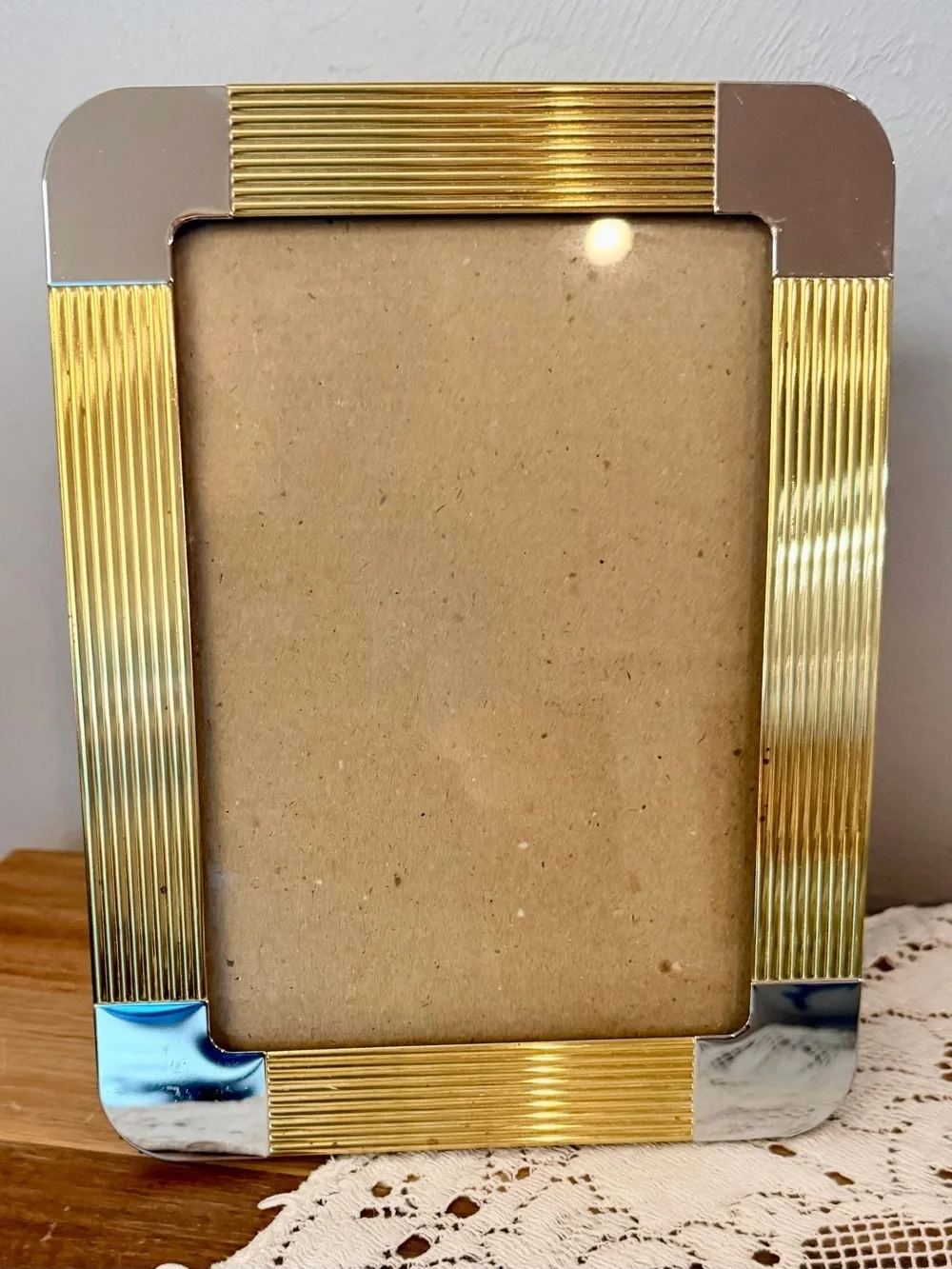 Vintage Art Deco Gold and Silver Ribbed Metal Picture Frame holds 5x7- Unbranded